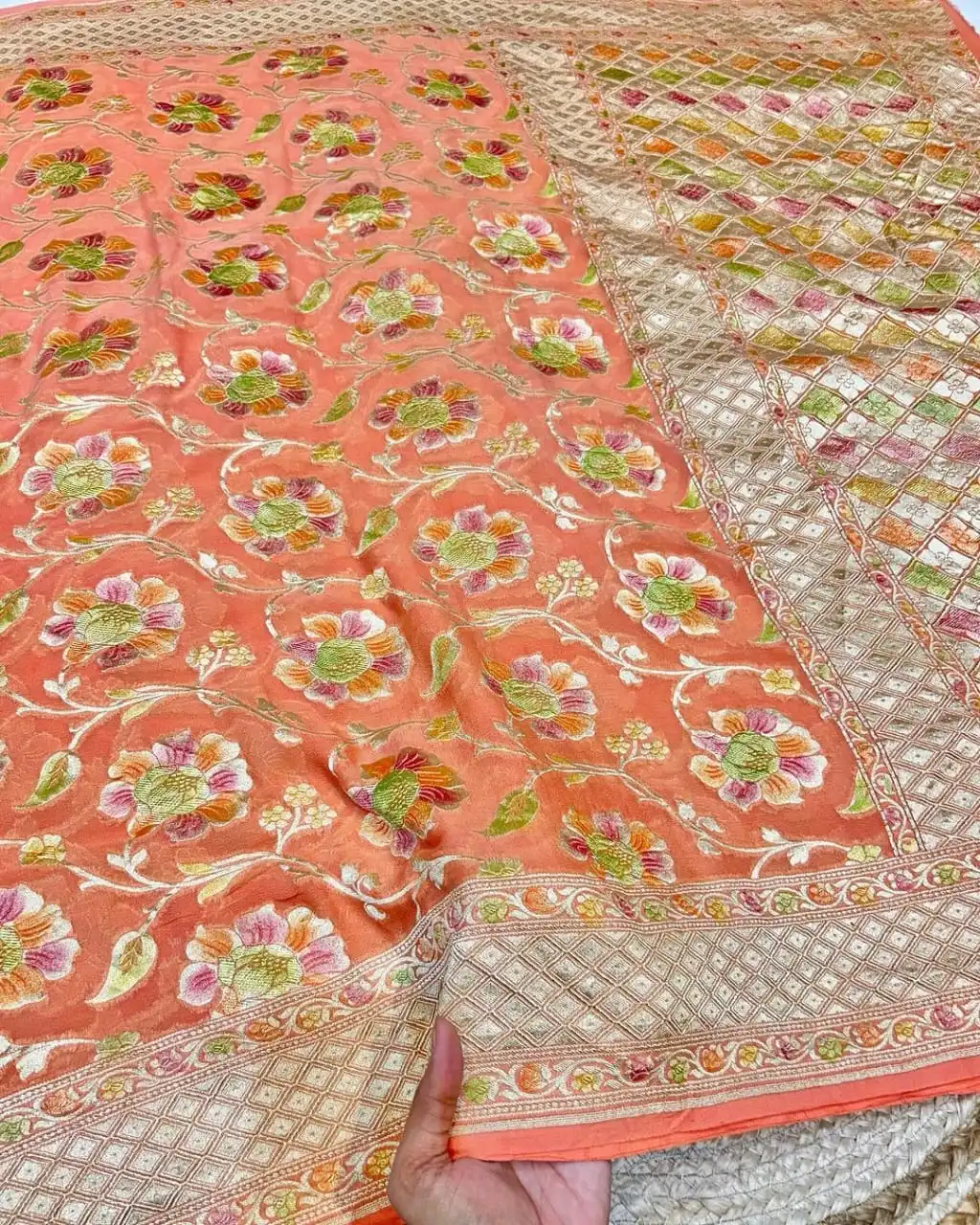 HANDCRAFTED-BANARASI-KHADDI-GEORGETTE-SAREE-WITH-ELEGANT-WATER-ZARI