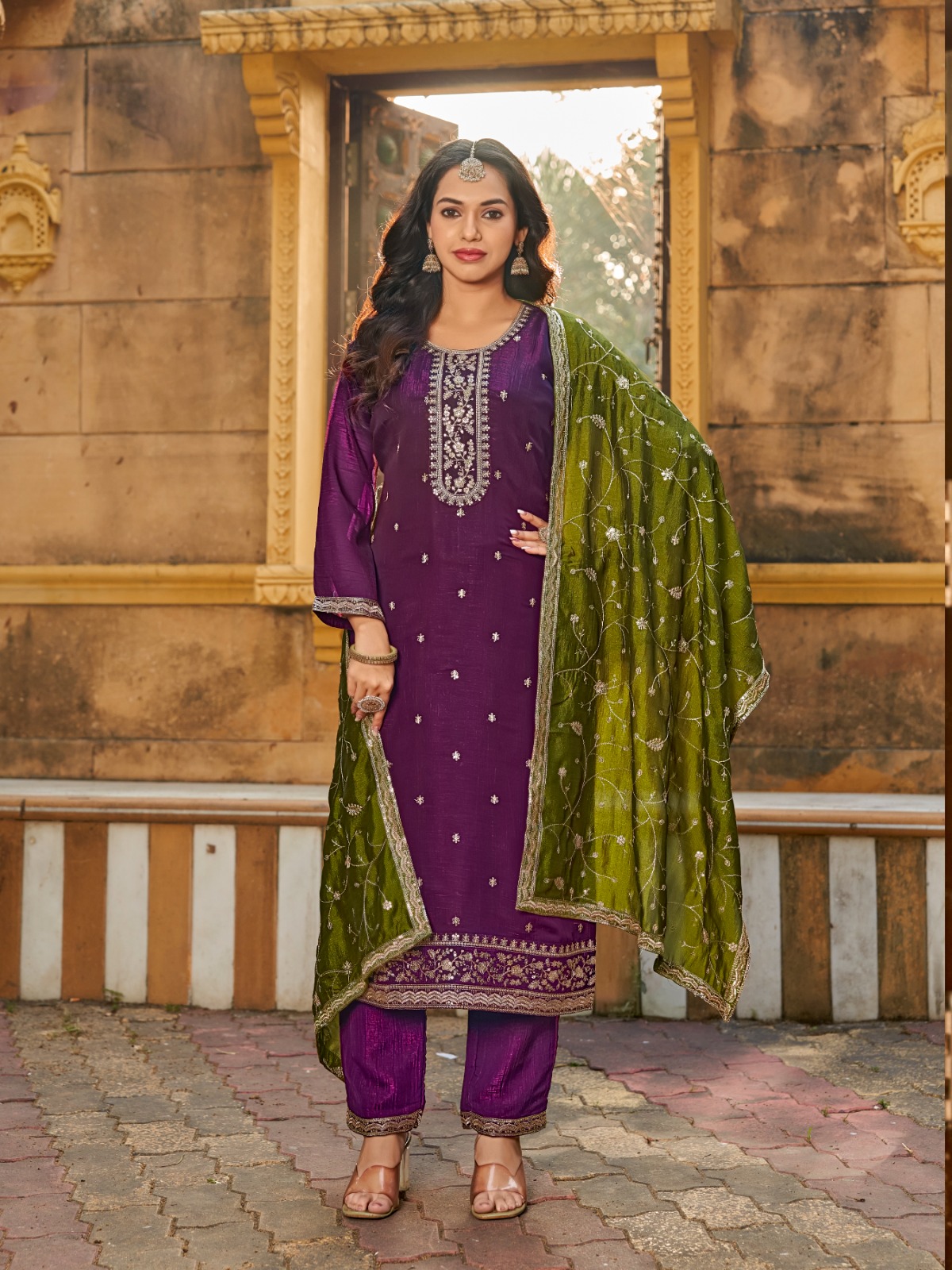 PREMIUM CRUNCHY FABRIC SUIT WITH GRACEFUL VICHITRA SILK DUPATTA IN PURPLE